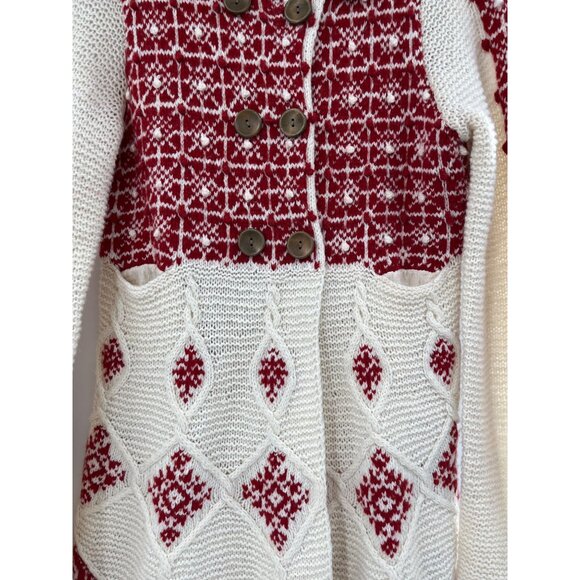 Sparrow Womens Red & Cream Knit Long Cardigan With Button Front & Diamond Patter - Picture 2 of 9